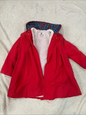 Vintage Casual Time Red Hooded Girls' Pea Coat with Plaid Hood Lining